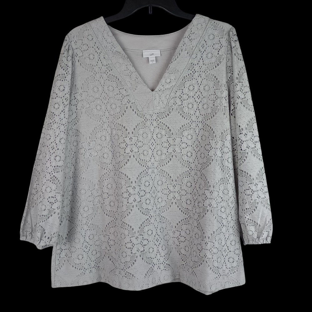 J.Jill Womens L Gray Floral Lace V-Neck Lined 3/4 Sleeve Casual Boho Blouse Top